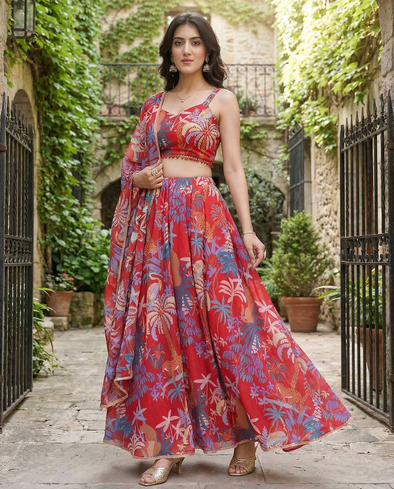 Georgete Tropical Printed SemiStitched  Flaired Lehenga choli
