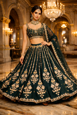 DARK GREEN ZARI-BADLA EMBROIDERY GEORGETTE LEHENGA WITH BLOUSE 1
