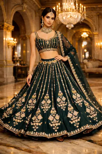 DARK GREEN ZARI-BADLA EMBROIDERY GEORGETTE LEHENGA WITH BLOUSE