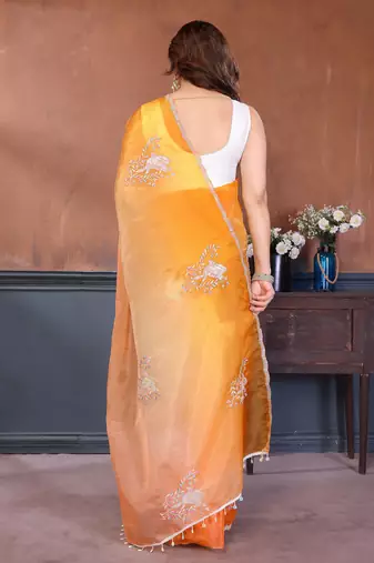 orange gold crush art silk blend embroidery work saree with multi tone design & roto banglory art silk blend blouse
