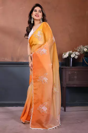 orange gold crush art silk blend embroidery work saree with multi tone design & roto banglory art silk blend blouse