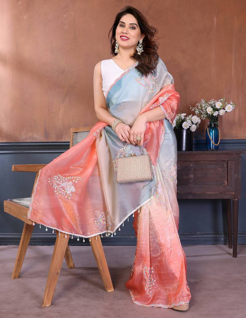 rama peach gold crush art silk embroidery work saree with multi tone design & roto banglory art silk blouse