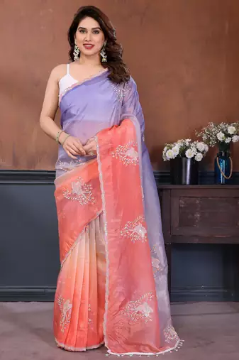 peach lavender gold crush art silk embroidery work saree with multi tone design & roto banglory art silk blouse