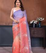 peach lavender gold crush art silk embroidery work saree with multi tone design & roto banglory art silk blouse