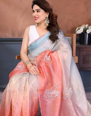 rama peach gold crush art silk blend embroidery work saree with multi tone design & roto banglory art silk blend blouse 3