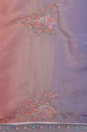 peach lavender gold crush art silk embroidery work saree with multi tone design & roto banglory art silk blouse