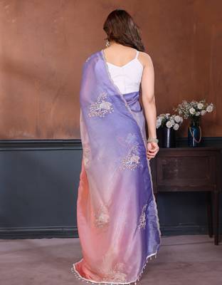 peach lavender gold crush art silk embroidery work saree with multi tone design & roto banglory art silk blouse 5