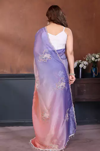 peach lavender gold crush art silk embroidery work saree with multi tone design & roto banglory art silk blouse