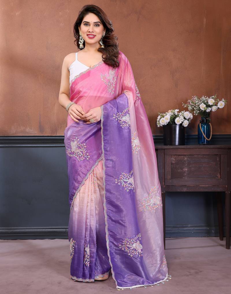 pink lavender gold crush art silk embroidery work saree with multi tone design & roto banglory art silk blouse