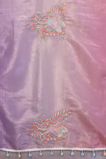 pink lavender gold crush art silk embroidery work saree with multi tone design & roto banglory art silk blouse