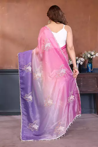 pink lavender gold crush art silk embroidery work saree with multi tone design & roto banglory art silk blouse
