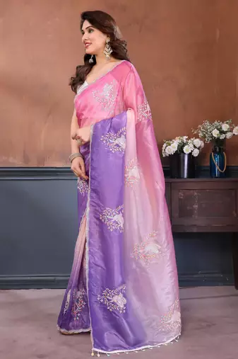 pink lavender gold crush art silk embroidery work saree with multi tone design & roto banglory art silk blouse