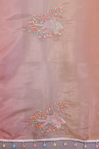 pink orange gold crush art silk blend embroidery work saree with multi tone design & roto banglory art silk blend blouse