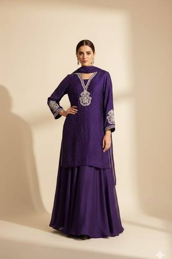 Purple crepe embroidered sharara Set