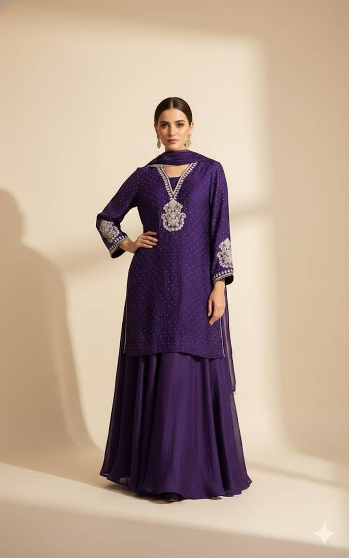 Purple crepe embroidered sharara Set