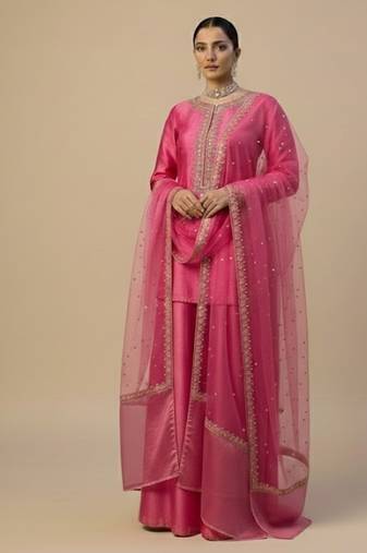 Pink satin embroidered sharara Set