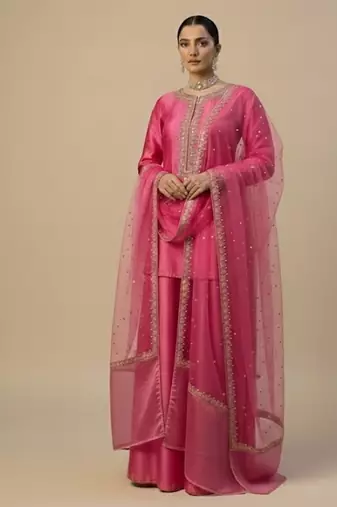 Pink satin embroidered sharara Set