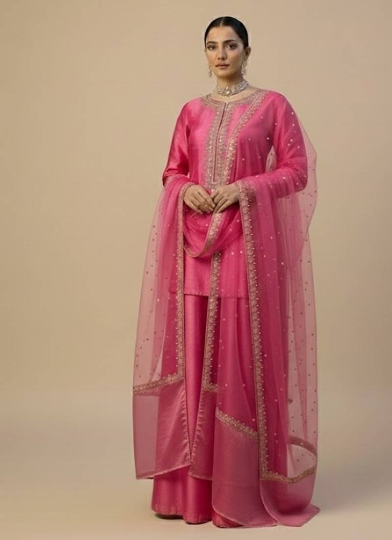 Pink satin embroidered sharara Set