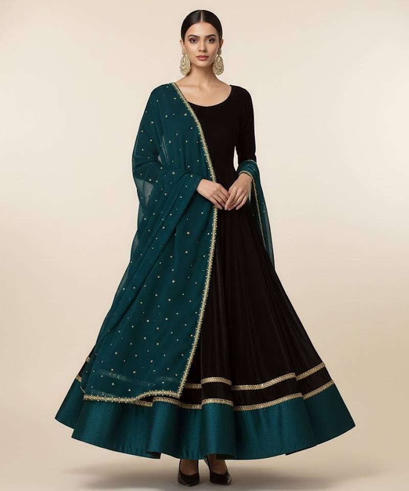 Black velvet embroidered anarkali set