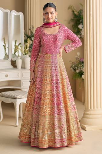 Red embroidered georgette free size stitched anarkali suit