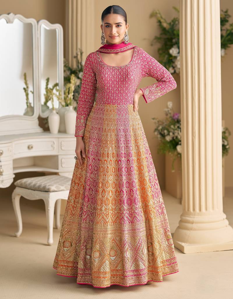 Red embroidered georgette free size stitched anarkali suit