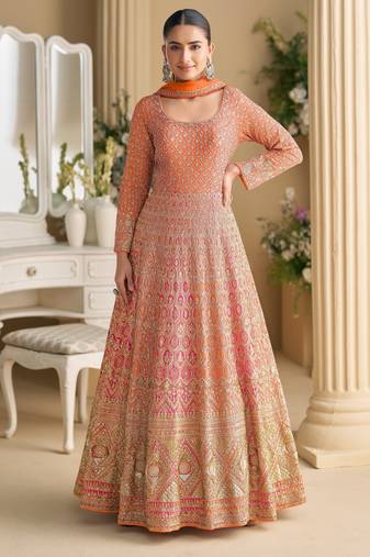 Orange embroidered georgette free size stitched anarkali suit