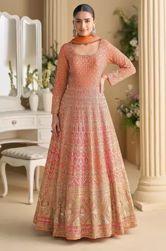 Orange embroidered georgette free size stitched anarkali suit