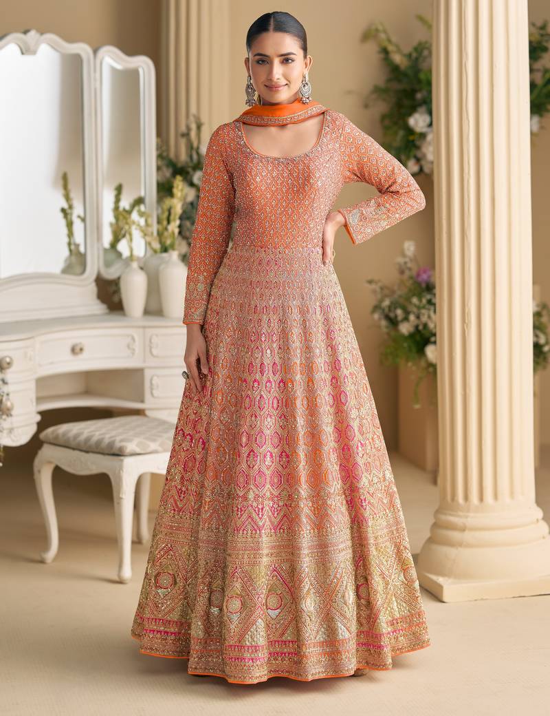 Orange embroidered georgette free size stitched anarkali suit