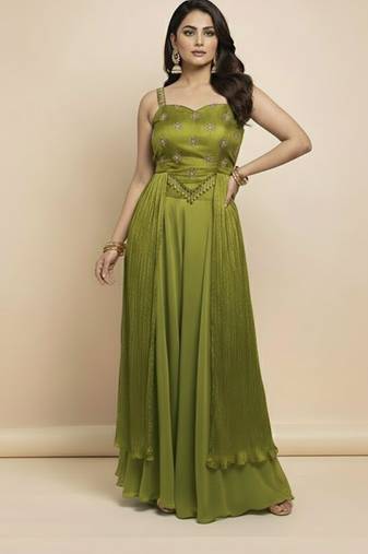 Green silk embroidered dress