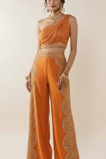 Orange silk embroidered co-ord set