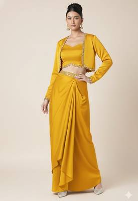 Yellow satin silk lace embroidery co-ord set 1