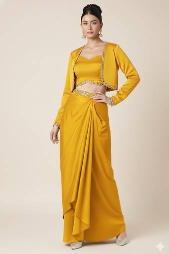 Yellow satin silk lace embroidery co-ord set
