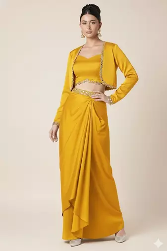 Yellow satin silk lace embroidery co-ord set