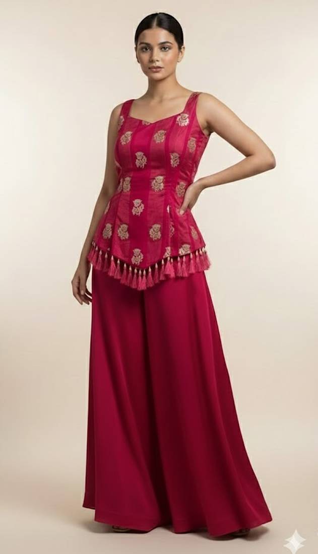 Rani pink silk printed coord set