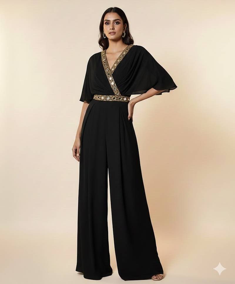 Black georgette embroidered jumpsuit