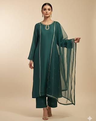 Green silk plain kurta set 1