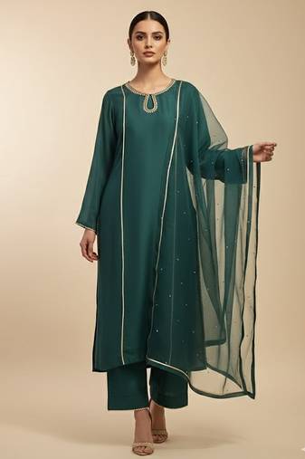 Green silk plain kurta set