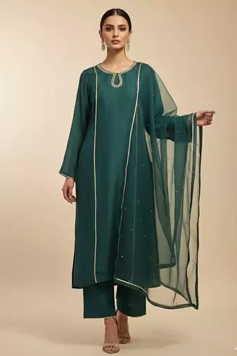 Green silk plain kurta set