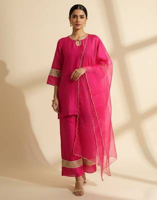 Pink chanderi plain kurta set 1