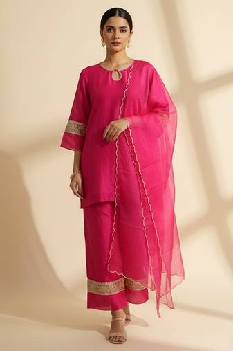 Pink chanderi plain kurta set