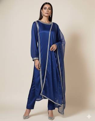 Blue silk plain kurta set 1