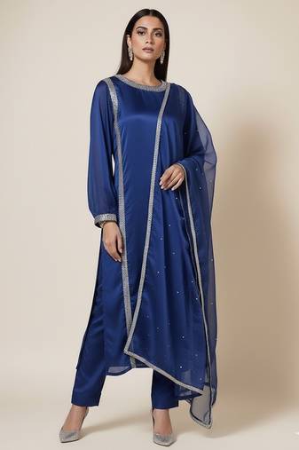 Blue silk plain kurta set