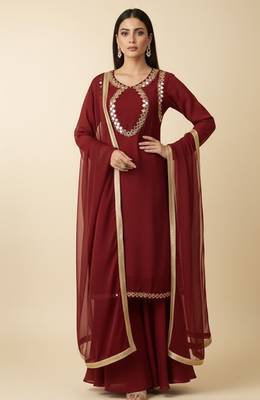 Maroon georgette embroidered kurta set 1
