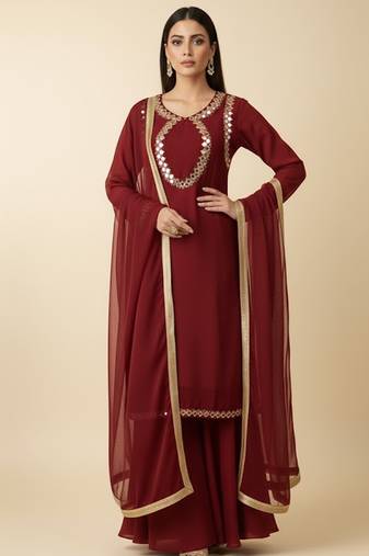 Maroon georgette embroidered kurta set
