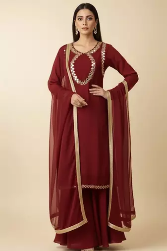 Maroon georgette embroidered kurta set