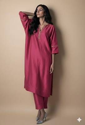Pink chanderi embroidered kurta set 1
