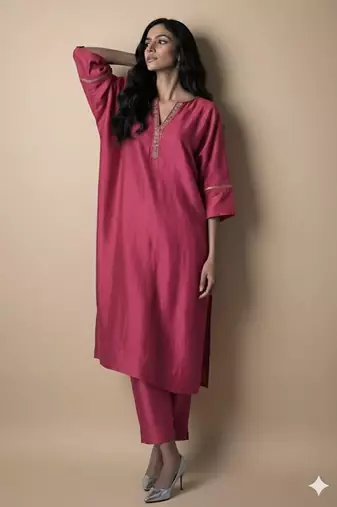 Pink chanderi embroidered kurta set