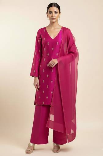 Magenta chanderi printed kurta set