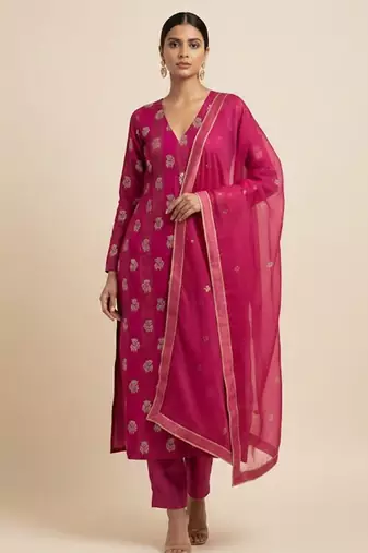 Pink organza printed kurta set