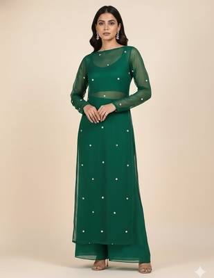 Green georgette plain kurta set 1